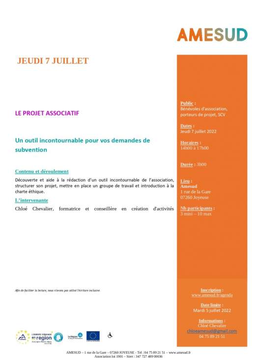 Formation gratuite "le projet associatif un outil incontournable pour vos demandes de subvention" - Joyeuse (07)