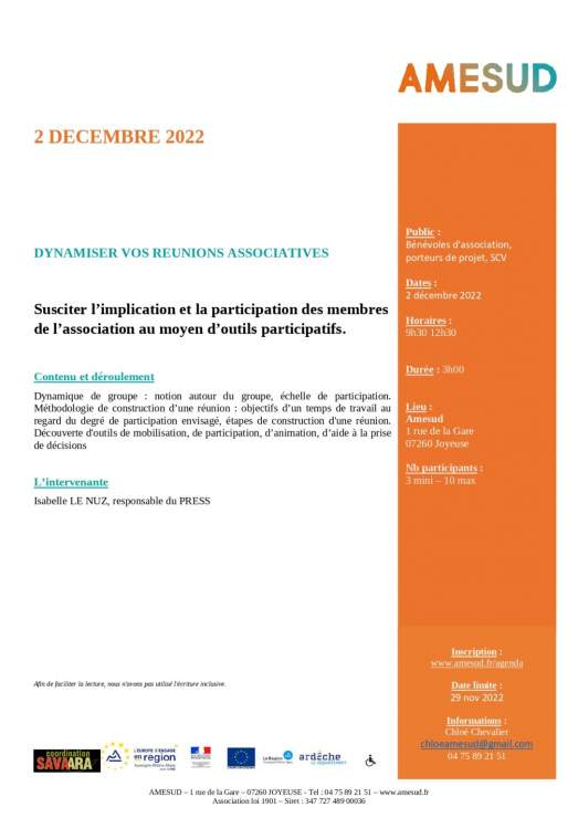 Formation gratuite - "dynamiser vos réunions associatives"