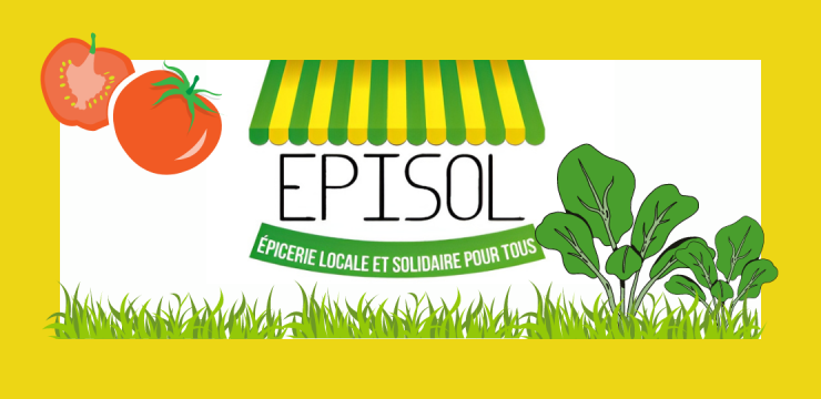 Logo épisol avec un cadre jaune entouré de fruits et légumes 